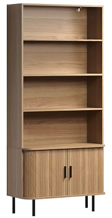 Regal Ronin Eiche · B 80 x H 172 cm | B 80 x H 172 x T 40 cm · Massivholzgriffe · Metallgestell · 2 Türen, 3 offene Fächer