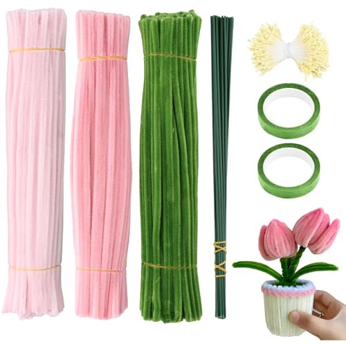 Anseom 300 Pezzi Scovolini Colorati per Bouquet di Tulipani, 30cm Scovolini Flessibili, Fili di Ciniglia Colorati con 20 Stelo Filo Floreale, 400 Nucleo del Fiore, 2 Nastro Floreale (Rosa)