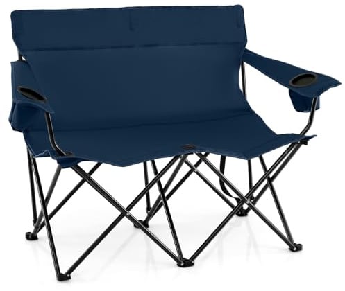 COSTWAY Campingstuhl für 2 Personen, Klappstuhl mit Getränkehaltern, Armlehnen & Tragetasche, 300 kg Tragfähigkeit, klappbarer Campingsofa, Faltstuhl für Camping, Picknick, Angeln (Blau)