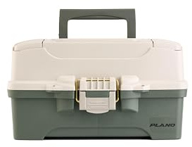 Plano Two-Tray Tackle Box, Green/Tan, Rust-Proof Brass Latch, Top-Access Tray with Deep Storage, Made in the USA, Portable Fishing Gear Storage Organizer