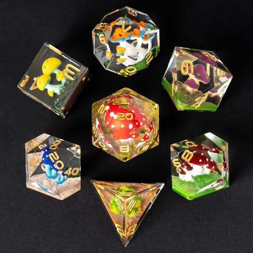 Cusdie 7-Piece Sharp Edges DND Dice Set with Colorful Mushroom in Elegant Box Perfect for RPG Tabletop Gaming Dungeons and Dragons Role Playing Game