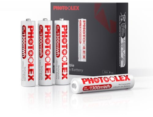 PHOTOOLEX AAA Rechargeable Batteries 1300mWh, 4 Count Lithium AAA Batteries, 1.5V High Power Output Triple a Lithium Battery 1600+ Cycles Long Lasting (No Charger)