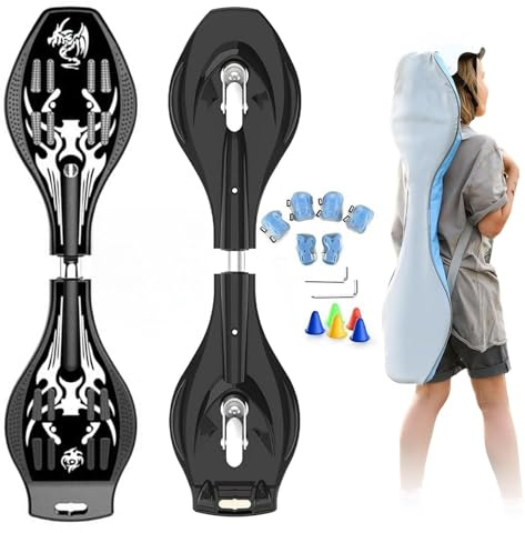ZQHQKJ Waveboard für Kinder mit LED und 360° Lenkung, bis 100kg - inkl. Protektoren-Set und Tasche - robust & sicher mit Reflexstreifen,Drachenmuster schwarz
