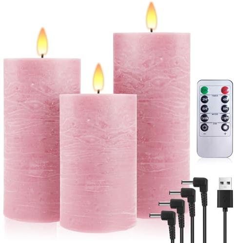 PinnWaa Rechargeable Flameless Pillar Candles, 3 Pack, Remote Timer, Pink | Flameless Flickering Real Wax Candles, Dimmable Warm White Light, Adjustable Brightness, Steady Mode and USB Charging Cable