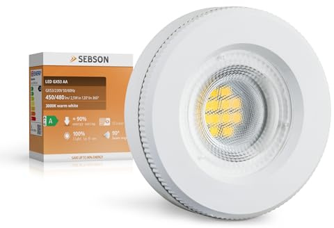 SEBSON GX53 LED warmweiß 2,5W Klasse A, ersetzt 40W Halogen, ø73x27mm | GX53 Leuchtmittel 450lm 3000K, 40W Halogenlampe Ersatz, flache LED Lampe GX53 120°, ø73x27mm, 230V, Energieklasse A