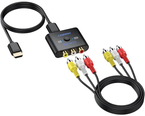 CAMWAY Adaptador RCA a HDMI con Switch 16:9/4:3, 1080P Convertidor AV a HDMI con Cable HDMI 50CM+Cable AV 1M, Compatible con PAL NTSC para Wii PS1 PS2 N64 DVD VCR VHS