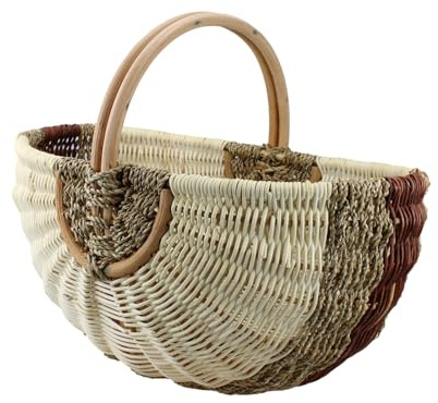 Großer Einkaufskorb aus Rattan & Seegras – Handgeflochtener Picknickkorb mit Henkel – 39x26x20 cm – Stabiler Marktkorb & Autokorb – Vintage Design Flechtkorb – Braun