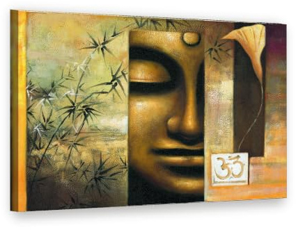 Visario Leinwandbild 80x60 cm 4157 - Buddha Gesicht mit Bambus und Om-Zeichen in Gold - Wandbild fertig aufgespannt auf Holzrahmen