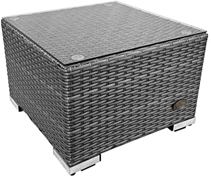 RS Trade® Exclusive 'Toscana' Polyrattan Beistelltisch mit verstärktem Alu-Gerüst und Temperglas Tischplatte (bis 90 kg als Hocker nutzbar), mit Spannbändern und höhenverstellbaren Standfüßen; Silber