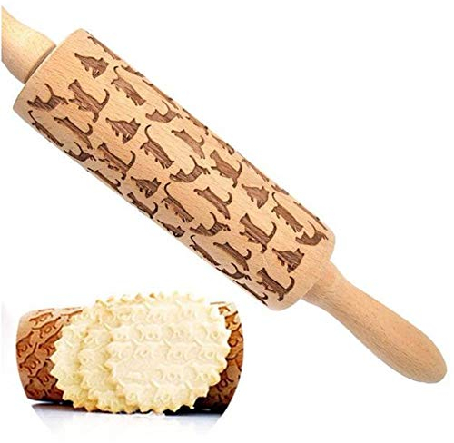 Nudelholz mit Katzenmotiv-Prägung, 34 cm, Holz, ideales Einzugsgeschenk