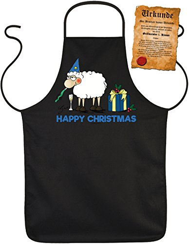 Comic Schaf Weihnachtsschürze - Kochschürze Weihnachten Geschenk-Idee : Happy Christmas - Weihnachtsmarkt Schürze Glühweinstand + lustige Urkunde