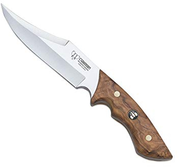 Cudeman Cuchillo 121-L Pistolo hoja de acero ACX-380 de 16 cm estilo macho riojano empuñadura de madera natural de olivo de 12 cm para caza, pesca, supervivencia y bushcraft + Portabotellas