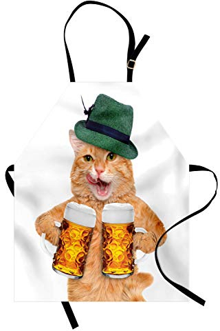ABAKUHAUS Katze Kochschürze, Kühle Katzen-Hut Bier-Becher Lustige, Unisex-Küchenlätzchen mit verstellbarem Hals für Kochen Gartenarbeit, 67 cm x 80cm, Beige Grün