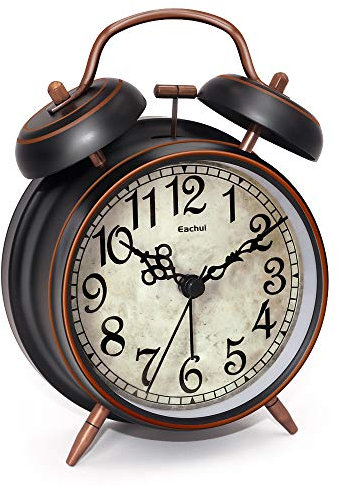 Eachui Réveil à Double Cloche avec Lumière, Grand Cadran de 10cm, Réveil à Quartz Analogique avec Alarme Puissante, sans Tic-tac, sans Bruit (Chiffres Arabes)