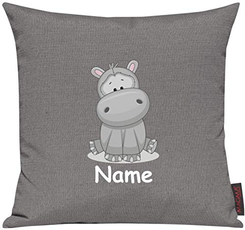 Shirtinstyle Sofakissen Kinderkissen Tiermotiv Nilpferd mit Wunschnamen, Größe 40 x 40cm, Farbe grau
