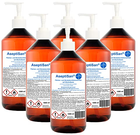 AseptiSan - VAH gelistet - 6 x 1000 ml mit Dosierpumpe Flächen- und Händedesinfektionsmittel Pharmazentral-Nr-16613733 HERRLAN Qualität Made in Germany