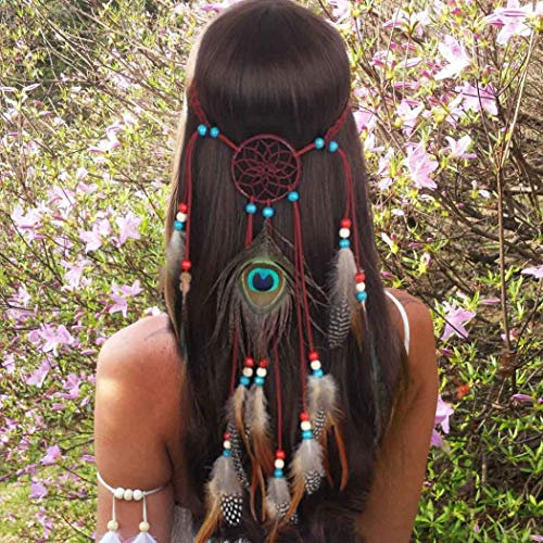 IYOU Indisch Pfau Stirnband Hippie Boho Feder Kopfschmuck Kopfstück 1920er Jahre Kopfkette Haarschmuck Maskerade zum Damen