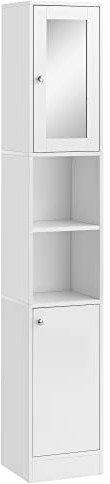 kleankin Armario Alto para Baño con Espejo Mueble Columna de Baño Madera con 2 Estantes Abiertos 2 Puertas y Baldas Interiores Ajustables 30x28x180 cm Blanco