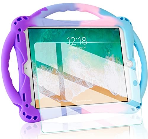 TopEsct Schutzhülle für iPad 6/iPad 5, Kinder-Schutzhülle für das Neue iPad 2017/2018, 9,7 Zoll (24,6 cm), mit Glas-Displayschutzfolie und Riemen, stoßfest, iPad Air & Air 2 (Violett und Himmelblau)