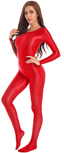 Oyolan Damen Einteiler Overall Jumpsuit Ganzkörperanzug Body Catsuit Nylon Sportbody Gymnastikanzug Bodysuit Sexy Catsuit Rot XL