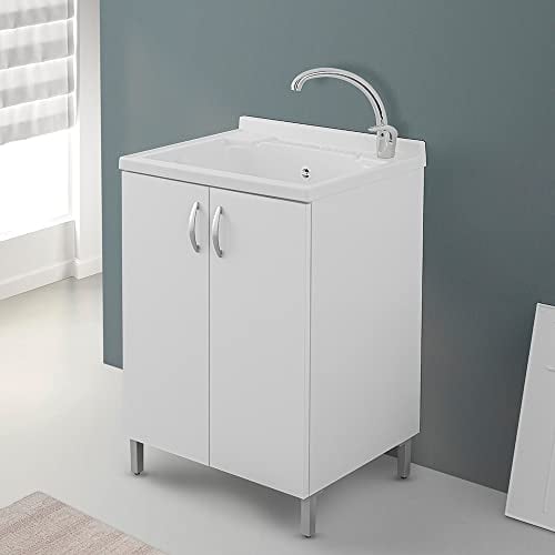 Mobile lavatoio lavanderia in legno con vasca in resina resistente agli acidi, completo di asse di lavaggio e kit sifone + piletta (Bianco, 60x50 cm 2 ante)