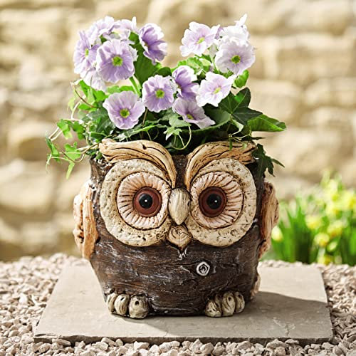 Owl Shaped Planter – Whittled Wood Effect Indoor Outdoor Waterproof Flower Plant Pot with 13cm Inner Diameter – Hand Painted Novelty Garden Patio, Decking Decor, H18.8cm x 22cm Diameter