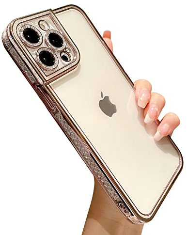 Newseego Compatible with iPhone 13 Pro Max Case Cute Clear Glitter Pattern Plating Phone Case for Girls Women Soft TPU Shockproof Full Camera Lens Full Protection Cover Case for iPhone 13 Pro Max-Gold