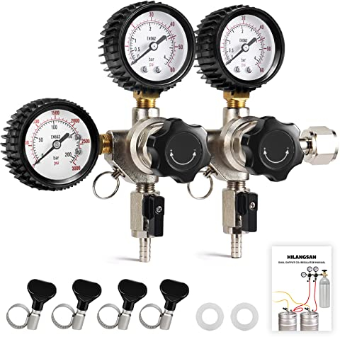 Hilangsan Co2-Regler, Bierfassregler, Doppelkörper-Fass-Co2-Regler, zweistufiger Kegerator-Regler, CGA320, Co2-Tankregler, konstanter Co2-Druckregler, Zugbierregler mit Schlauchschellen
