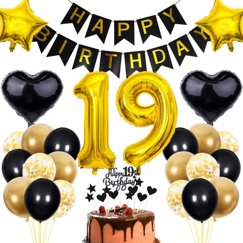 Cnrose 19. Geburtstag Dekoration - Schwarz Gold Party Deko für Junge und Mädchen - Tortendeko für 19 Jahre