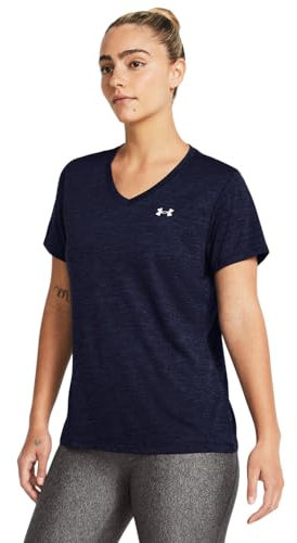 Under Armour Women's Tech Short Sleeve V-Neck Twist, Comfortable Women's T-Shirt, Versatile Gym Top for Sports, Training and Casual Wear,Midnight Navy / / White,XXL