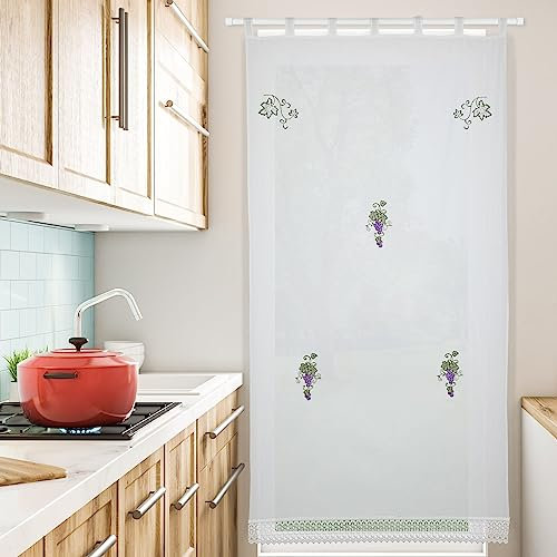 HOMEYA - Cortina Cocina Translúcida 150x220cm - Cortina con Bordados de Uvas,para Cocina,Comedor, Marco de Puerta - 1 Unidad Color Blanco,100% Poliester