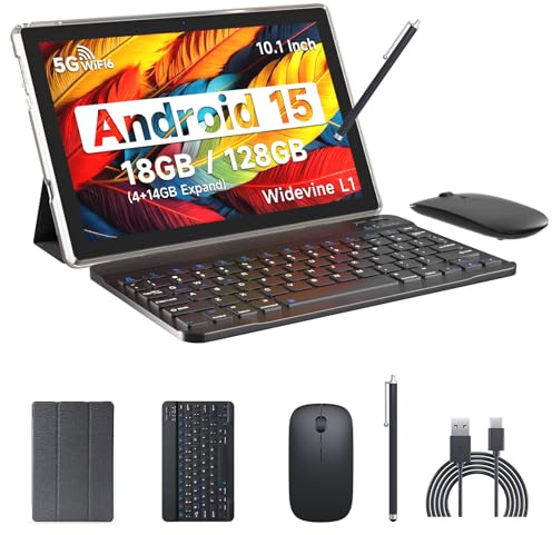Tablet Android 15, 10 pollici 18GB RAM+128GB ROM/2TB Tablet PC espandibile, processore quad-core 2.0GHz, 1280*800 10 pollici HD Touch Screen, 2.4G/5G WiFi 6 BT 5.0, tablet 2 in 1 con custodia per