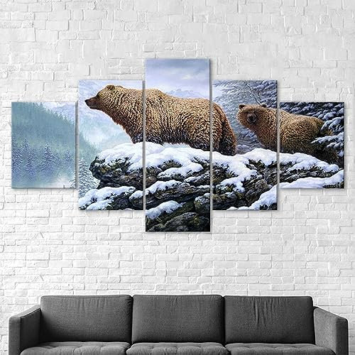 WAGYU Kunstdrucke 5 Teilig Bilder Leinwand,leinwandbilder 5 teilig wohnzimmer dekoration,5 Teilig Wanddekoration Zwei Bären-Schneeberge,Bild Bilder auf Leinwand 5 teilig Poster,wandbild xxl 100x55cm