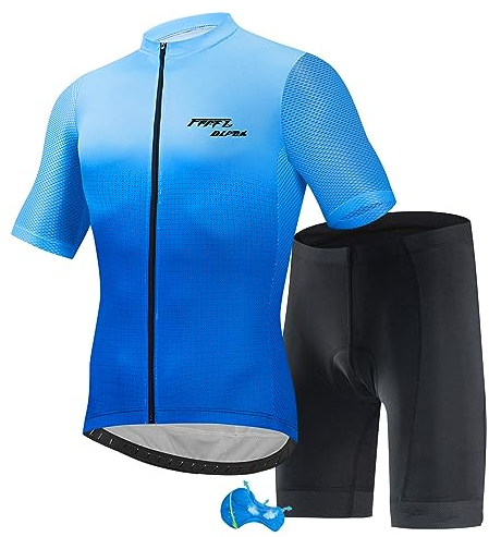 Herren Radtrikot Set Kurzarm mit Sitzpolster Schnell Trocknend Atmungsaktiv Fahrradbekleidung Fahrradtrikot+Weiße Trägerhose 2er Fahrradbekleidung Sets (Blue 3,M)