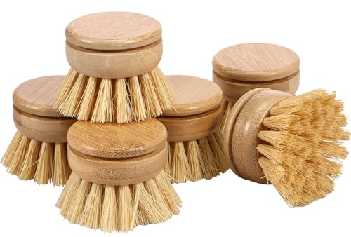 6pcs Bamboo Brush Testa a spazzola morbida Sisal Bristle Piatto naturale Pannella Testa ecologica Teste di sostituzione della spazzola facili da usare Piatto Scrubber Testa per la pulizia della spazzo
