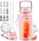HYDRAGLAZIC 1900ML Glastrinkflasche mit Strohhalm und Edelstahlgriff, Wasserflasche glas mit Silikonhülle und Zeitmarker, Berwachung Ihrer täglichen Trinkflasche 2 liter, Rosa