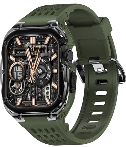 VISOOM TPU Watch Strap with Metal Case Compatible with Apple Watch Strap 45mm 44mm, Men Rugged Stainless Steel Protective Bumper Cover Replacement iWatch Bands for Series 9/8/SE/7/6/SE/5/4,Green&Black