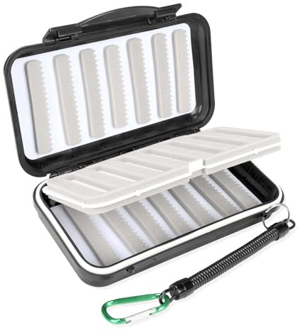Black Lid Fly Fishing Lures Box - Waterproof, Lightweight, Two-Sided with Foam and Coil Springs