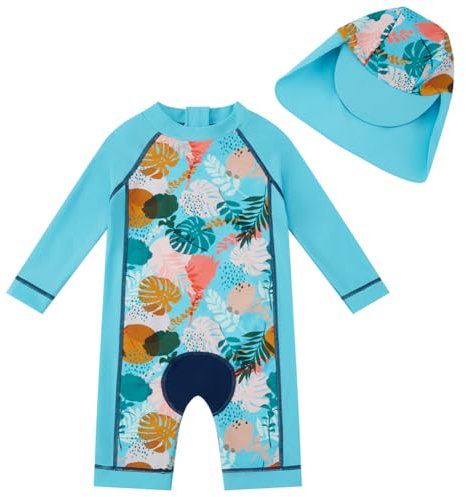 upandfast Baby Badeanzug mit Sonnenhut UPF 50+ Badebekleidung für Baby(18-24 Monate,Blau Blätte)