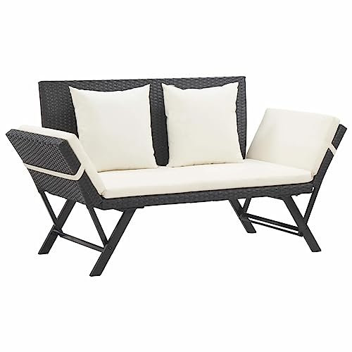 Rantry Casa Gartenbank mit Kissen 176 cm Schwarz aus Polyrattan, Gartenbank, Balkonbank, strapazierfähige Bank für Balkon, Terrasse & Garten, Schwarz und Weiß Haus Möbel