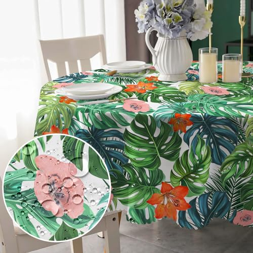 Tischdecke Rund 150cm Hawaiian Palmblätter Tischdecken Abwaschbar Polytester Tischtuch Abwischbare Fleckschutz Wasserdicht Tischdecke für Draußen Küche Party Hochzeiten Deko