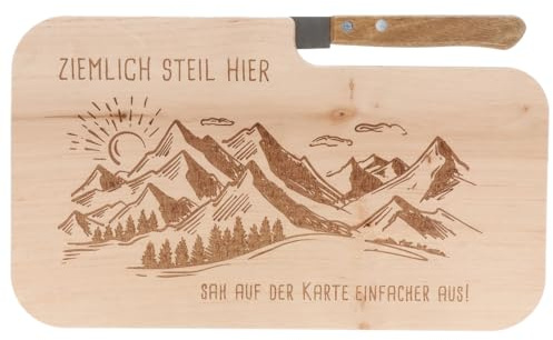 Spruchreif | Brotzeitbrett mit Messer Ziemlich steil hier... – Graviertes Holzbrett mit Wander-Motiv | Lustiges Geschenk für Wanderer & Outdoor-Fans