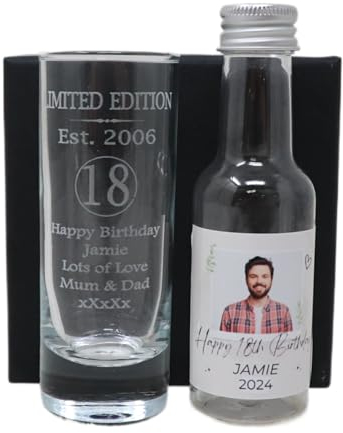 Regalo Laser Engraved Est 2006 18th Birthday Shot Glass Set with Personalised Photo Miniature Alcohol Bottle Gift for Son or Daughter | Girls & Boys (Vodka/No Gift Box) 37.5% vol