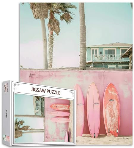 Tucocoo Pink Surfboards Jigsaw Puzzle 1000 Pieces Puzzles for Adults, Beach House Trees Seaside Art Jigsaw Puzzles for Challenging Family Activity Games 70 x 50 cm DIY Puzzle for Home Decor Gifts