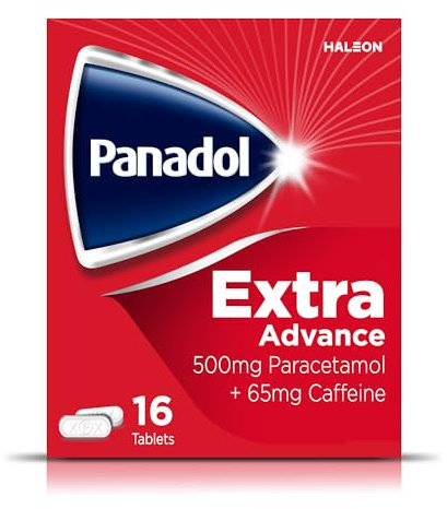 Panadol Extra Advance Painkillers, 500mg Paracetamol Tablets with 65mg Caffeine, Pain Relief for Migraines, Headaches, Backache, Joint Pain, Period Pain and Toothache, Pack of 16.