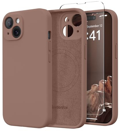 SuydanBox Coque magnétique pour iPhone 15, Compatible MagSafe, [Protecteur d'écran][Protection Caméra Complète] Coque de Protection Antichoc en Silicone pour iPhone 15 6,1, Marron
