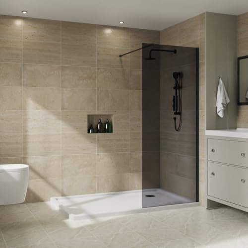 NRG 760 x 1950mm Bathroom Wet Room Screen Panel 8mm Smoked Easy Clean Glass Black Framed Walk in Shower Enclosure
