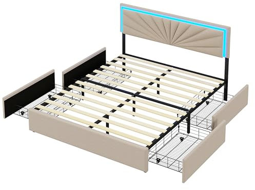 HNOUER Polsterbett Doppelbett 160x200cm, verstellbares Kopfteil mit LED-Beleuchtung, Stauraumbett mit 4 Schubladen unter dem Bett, Bettrahmen mit Massivholzlatten, Funktionsbett, ohne Matratze,Beige