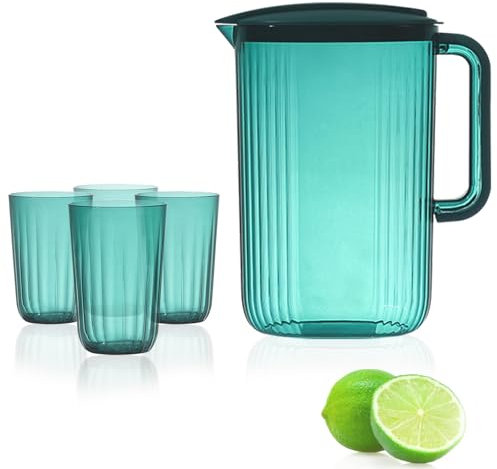 Plastic Pitcher with Cups Set of 4, 2L Water Jug with Lid & Vented Spout, Drinking Jugs for Hot/Cold Water Ice Tea Coffee Milk & Juice Beverage for Cocktail Jug for BBQ's, Parties, Camping