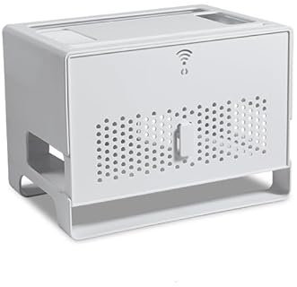 Wireless Router Storage Box with Cable Management WiFi Router and Modem Cover Shelf for Power Strip Office Desktop Stand Plastic Hider Rack for Modem Router Holder (Grey)